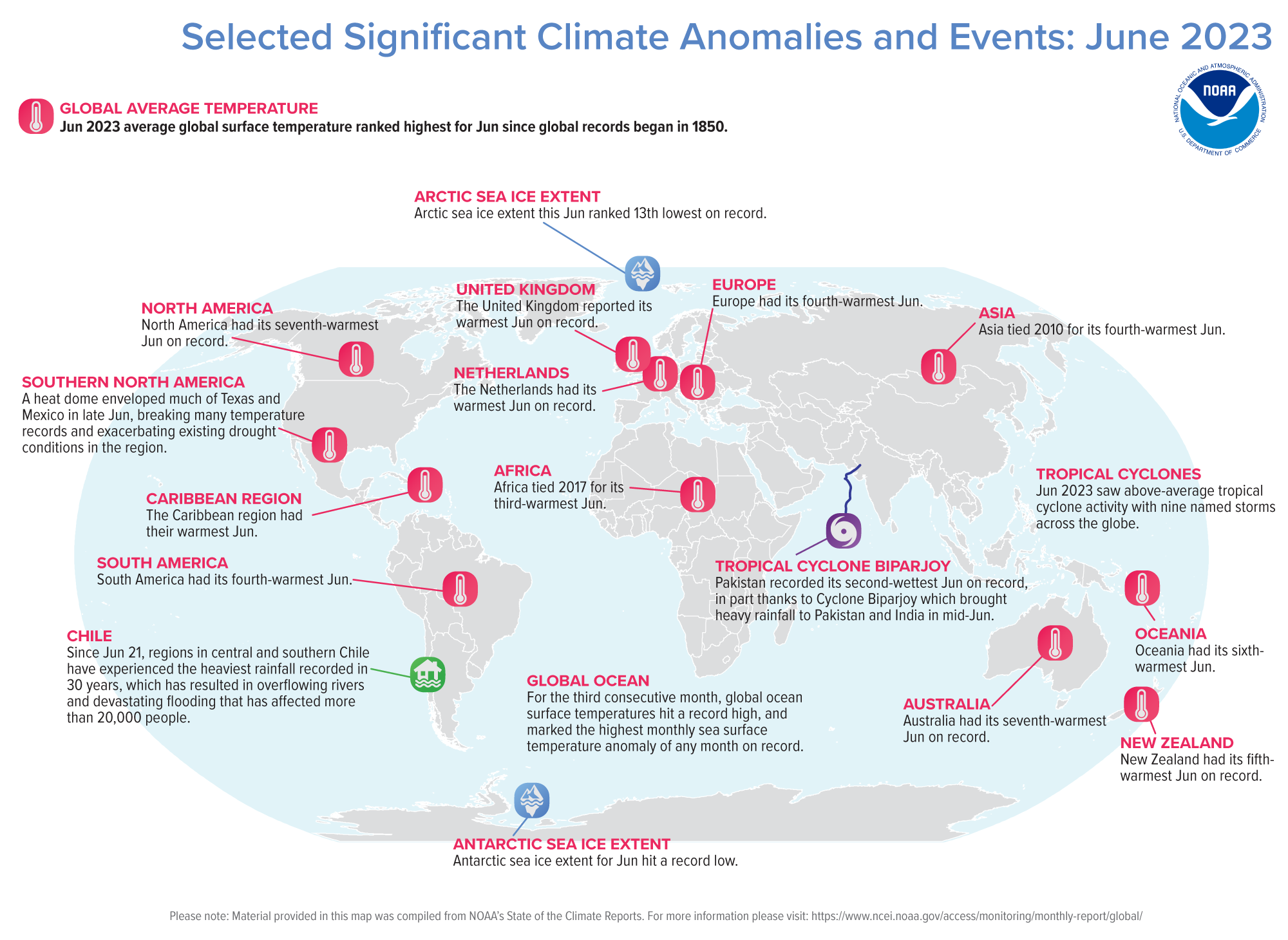 Mapa global con eventos climáticos importantes ocurridos en junio 2023