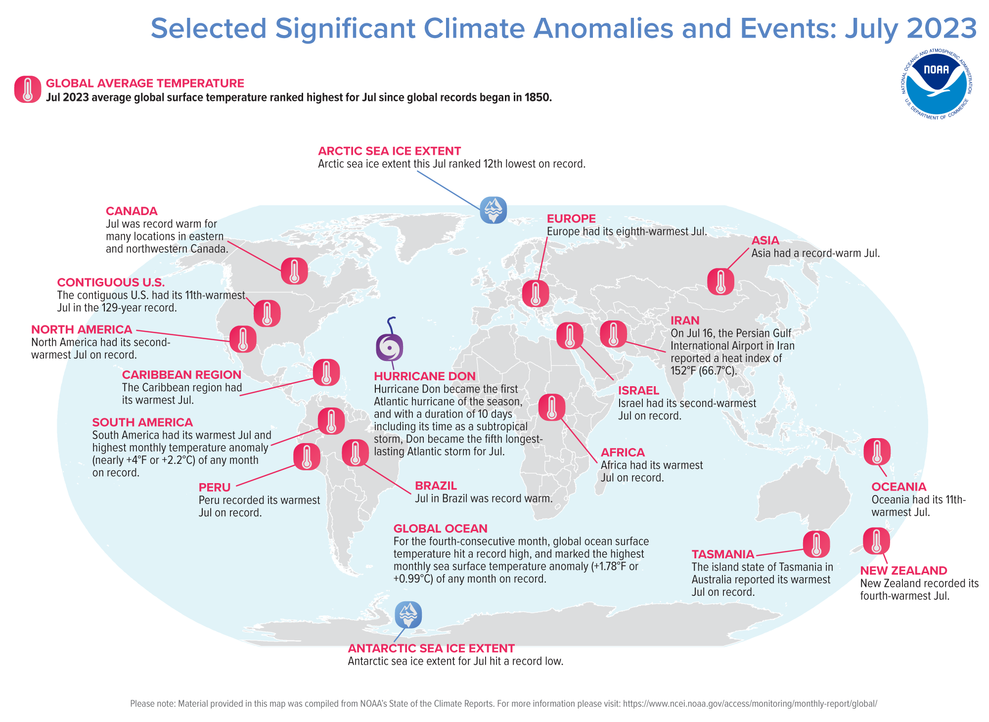 Mapa global con eventos climáticos importantes ocurridos en julio 2023