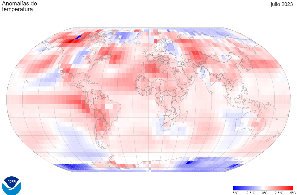 Anomalías de temperatura por coordenadas en una cuadrícula de 5°x5° de julio 2023 con respecto a la media del período 1991-2020.