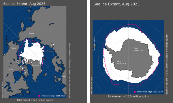 Extensión promedio del hielo marino del Ártico (izquierda) y la Antártida (derecha) para agosto de 2023