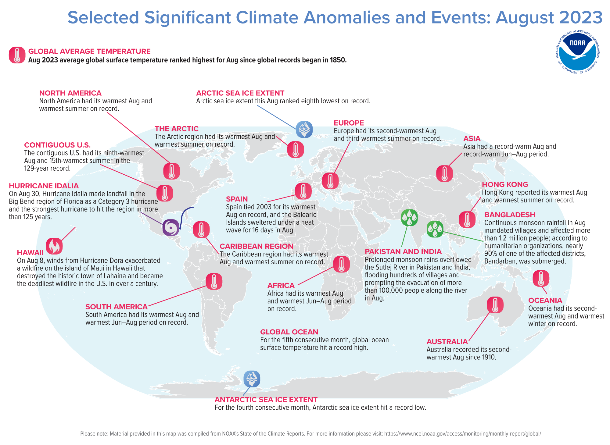 Mapa global con eventos climáticos importantes ocurridos en agosto 2023