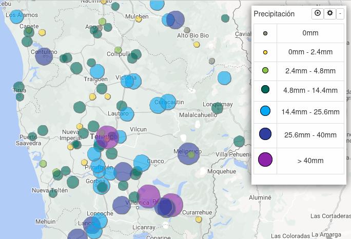 Precipitación acumulada en la zona central y sur de Chile